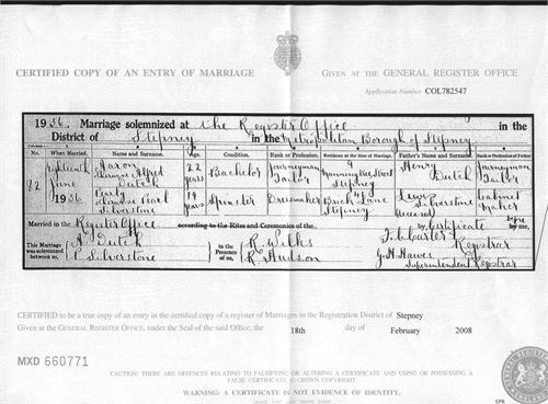 Aaron Deitch & Pearl Silverstone 1936 Marriage Certificate