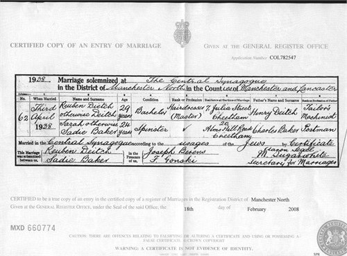 Rueben Deitch And Sadie Baker 1938 Marriage Certificate