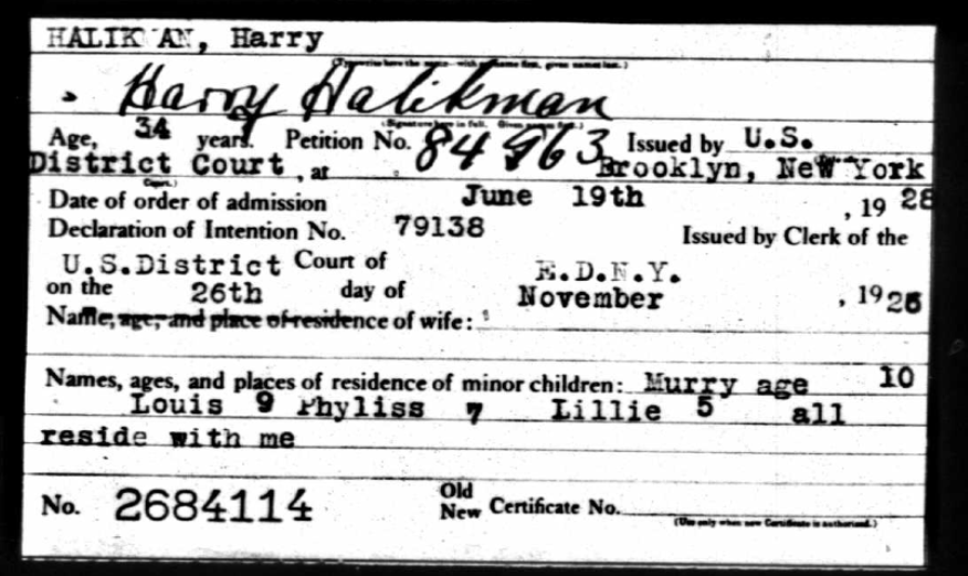 Harry Halikman Naturalization Card